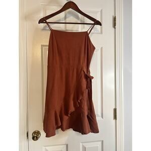 Altard State Rust Linen Blend Ruffle Wrap Mini Dress L Tie Waist Terracotta